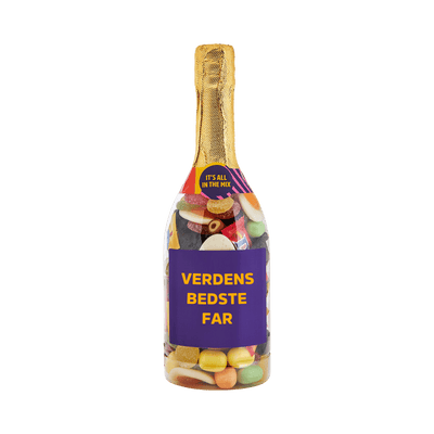 Champagneflaske med teksten "Verdens Bedste Far", fyldt med farverigt Bland Selv Slik – perfekt gave til Fars Dag. Fra SlikEkspressen.