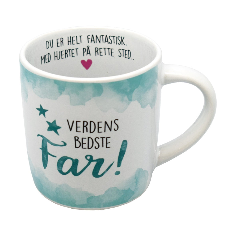 Kop med teksten "Verdens bedste Far!" udenpå og "Du er helt fantastisk. Med hjertet på rette sted.." indeni – i blågrønne nuancer. Perfekt farsdagsgave.