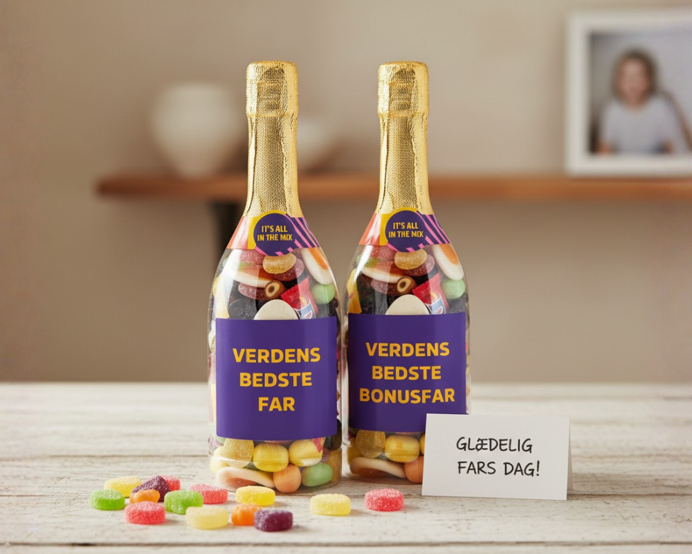 Verdens Bedste Far og Verdens Bedste Bonusfar champagneflasker fyldt med Bland Selv Slik fra SlikEkspressen – perfekt gave til fars dag.