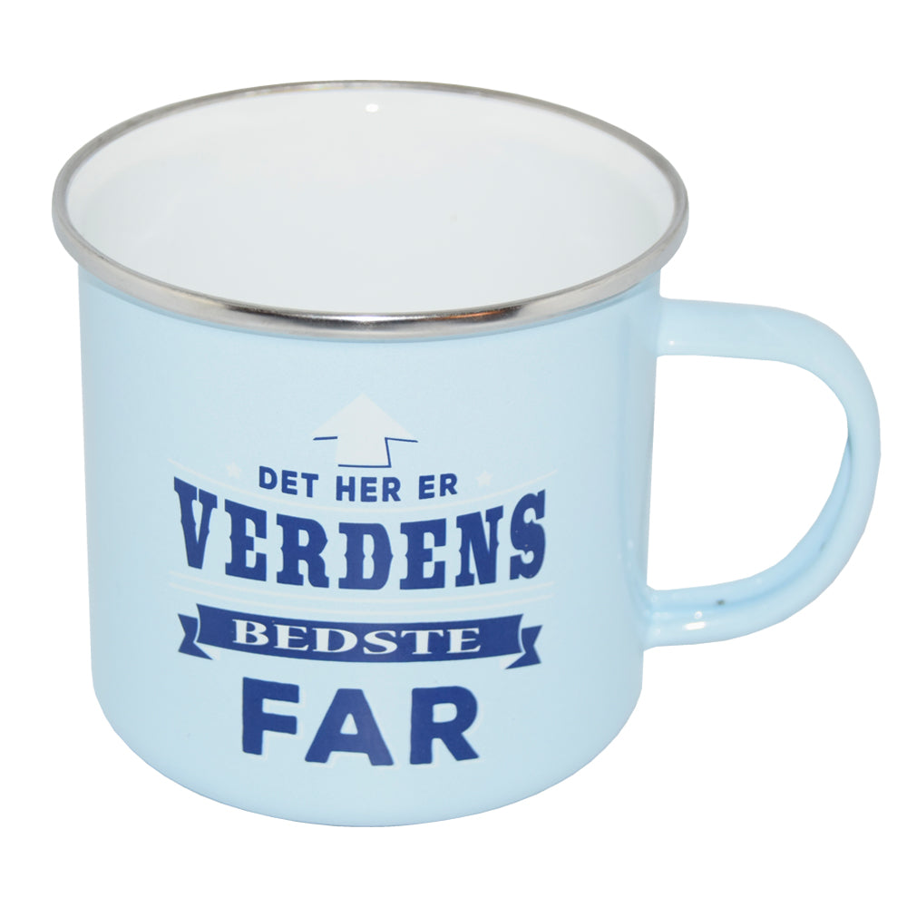 Lyseblå kop med teksten “Det her er Verdens Bedste Far” – sød gave til far til Fars Dag eller fødselsdag.