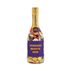 Verdens Bedste Mor champagneflaske fra SlikEkspressen fyldt med Favorit Mix fra Bland Selv Slik – personlig gave til Mors Dag eller fødselsdag.