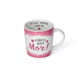 Kop med teksten Verdens bedste Mor! på ydersiden og Du er helt fantastisk – elsker dig! indeni, designet i rosa nuancer – perfekt gave til Mors Dag eller fødselsdag hos SlikEkspressen.
