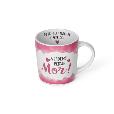Kop med teksten Verdens bedste Mor! på ydersiden og Du er helt fantastisk – elsker dig! indeni, designet i rosa nuancer – perfekt gave til Mors Dag eller fødselsdag hos SlikEkspressen.