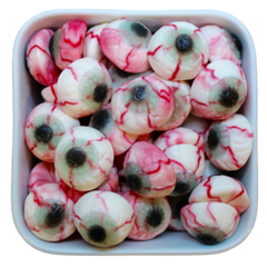 Bløde, realistiske vingummiøjne med røde årer og frugtsmag – Blodige Øjne fra Candyland.