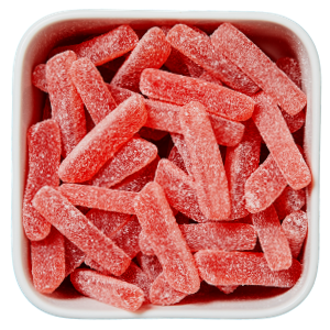 Krudtugler fra Haribo – røde vingummistænger med mentol og sukkerdrys.