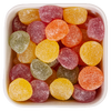 Runde vingummier i gul, orange, grøn og rød med sukkerdrys og frugtsmag – Marmeladekugler.