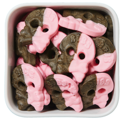 Skum Kranie Duo fra Bubs – blødt skum formet som kranier med hindbær- og lakridssmag i lyserøde og brune nuancer.