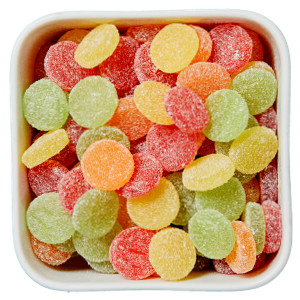 Syrlinger fra Haribo – syrlige vingummiskiver med sukkerdrys og frugtsmag.