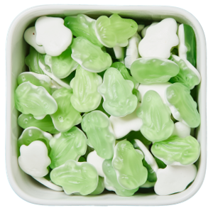 Tudser fra Haribo – grønne frugtvingummier i tudseform med hvid skumbund. Blød, mild og sjov klassiker i SlikEkspressens Bland Selv Slik.