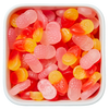 Frugtformede vingummier i pink og orange nuancer med passionsfrugtsmag – Tutti Frutti Passion fra Fazer.